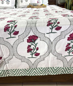 Deep Pink Carnation Flower Patterns Hand Block Bedsheet with 2 Pillow Cover Set - 400TC