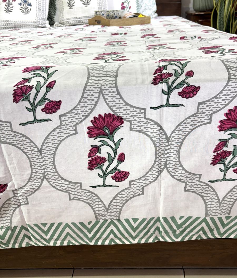 Deep Pink Carnation Flower Patterns Hand Block Bedsheet with 2 Pillow Cover Set - 400TC