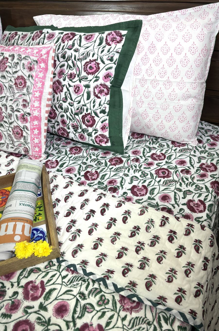 Maroon, Pink & Green Floral Patterns Hand Block Quilt/ Razai