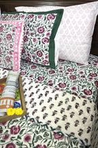 Maroon, Pink & Green Floral Patterns Hand Block Quilt/ Razai