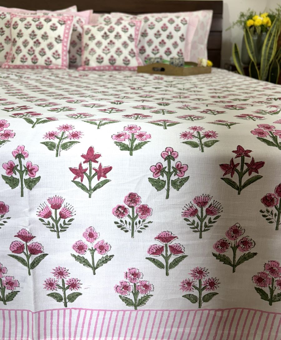 Pink Small Butta Patterns Hand Block Bedsheet with 2 Pillow Cover Set - 400TC