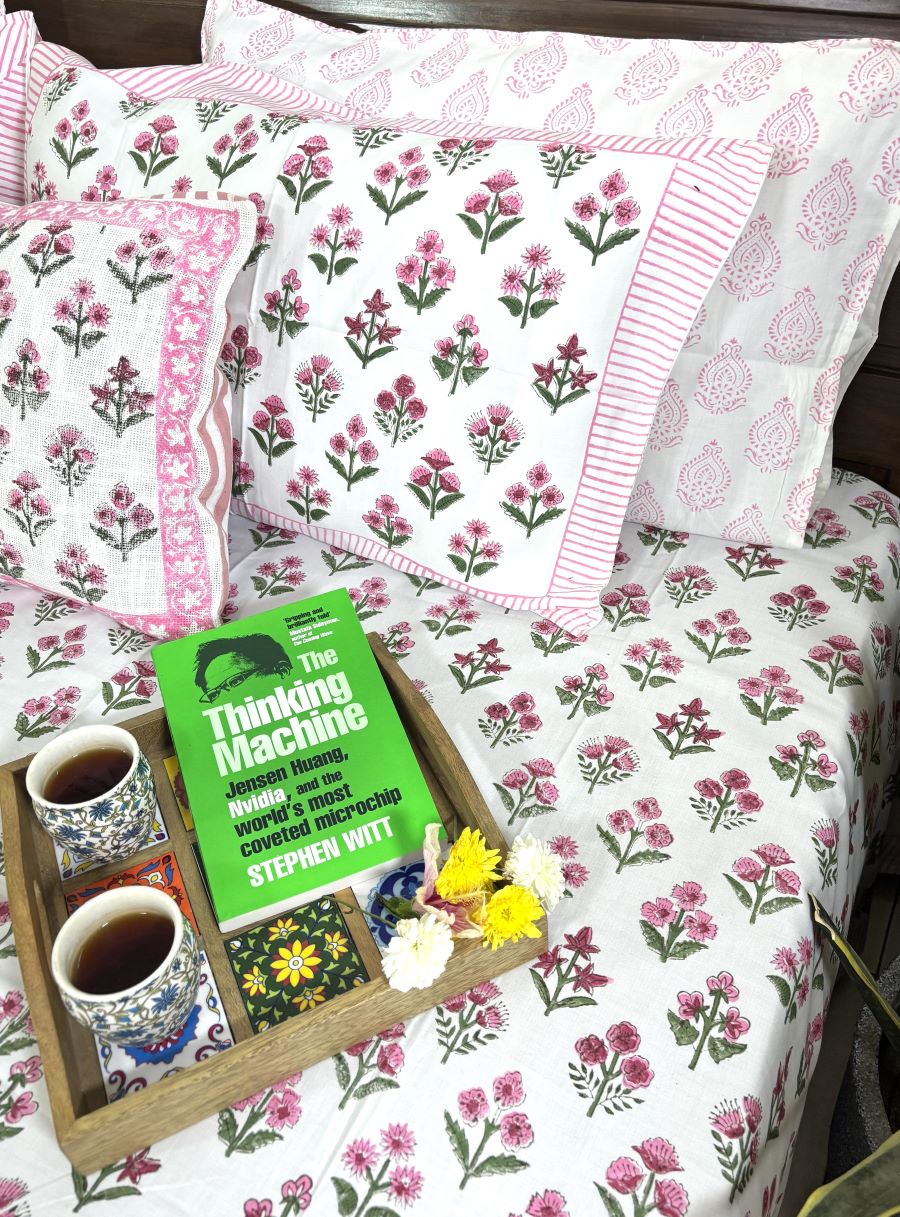 Pink Small Butta Patterns Hand Block Bedsheet with 2 Pillow Cover Set - 400TC