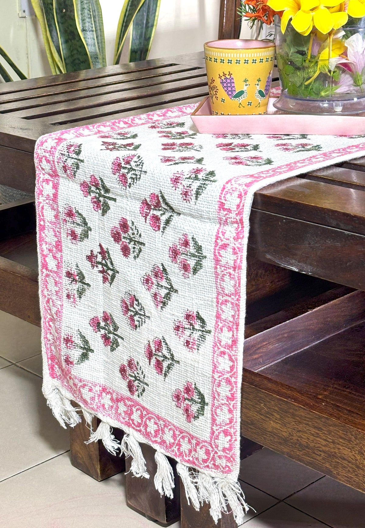 Pink Small Flower Hand Block Printed Jute Table Runner