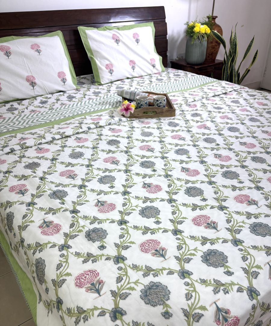 Jacobean floral Pink & Grey Bedsheet & Dohar Set – Hand Block Printed