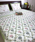 Jacobean floral Pink & Grey Bedsheet & Dohar Set – Hand Block Printed