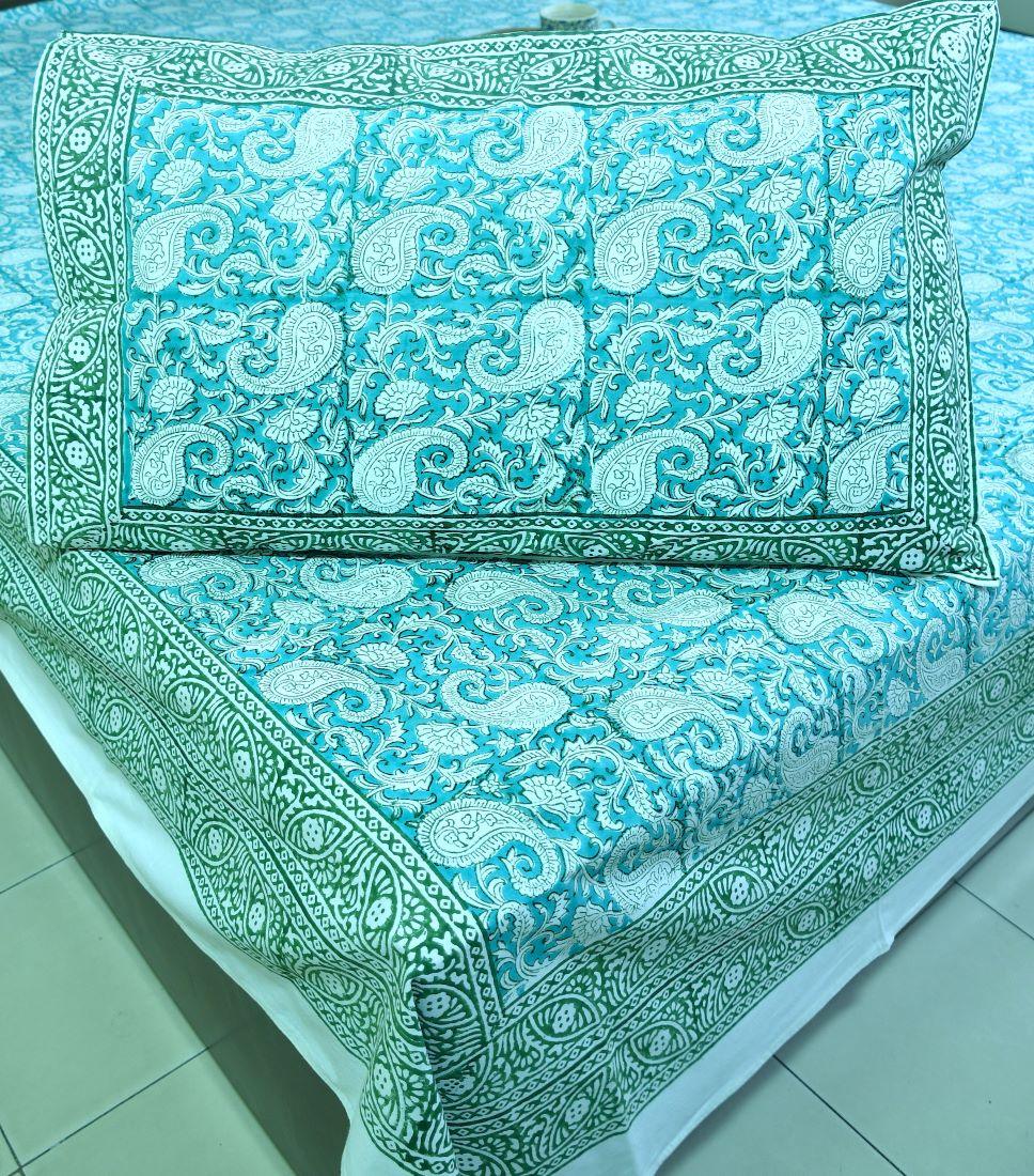 Green Paisley ka Gulistaan Hand Block Bedsheet with 2 Pillow Cover Set - 280TC