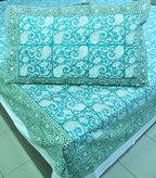 Green Paisley ka Gulistaan Hand Block Bedsheet with 2 Pillow Cover Set - 280TC