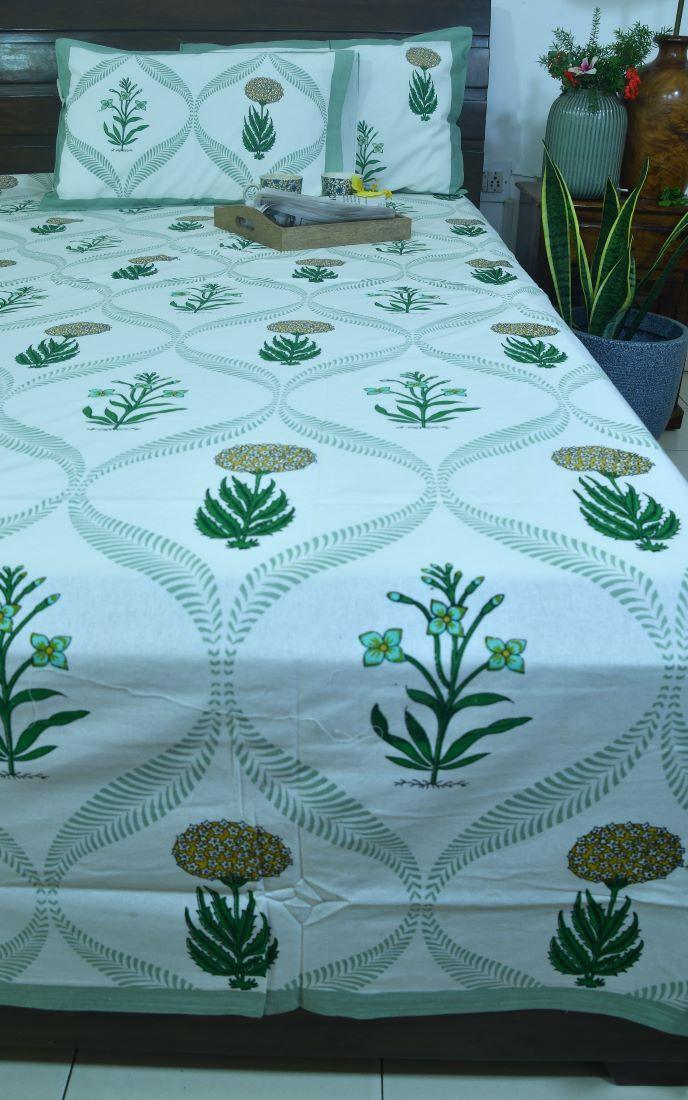 Marigold with Purple Lily Hand Block Bedsheet with 2 Pillow Cover Set - 220TC
