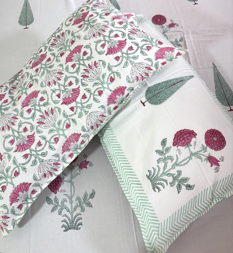 Green & Pink Botanical Floral Tree Patterns Hand Block Bedsheet with 2 Pillow Cover Set - 400TC