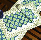 Blue & Green Hand Block Cotton Canvas Table  Runner & Mat Set