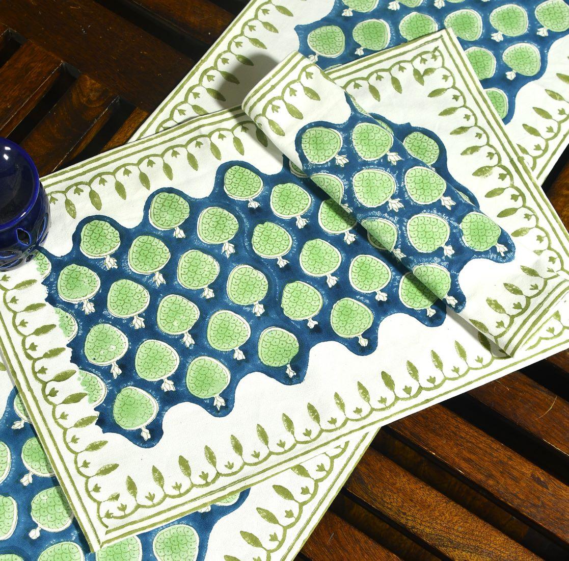 Blue & Green Hand Block Cotton Canvas Table  Runner & Mat Set