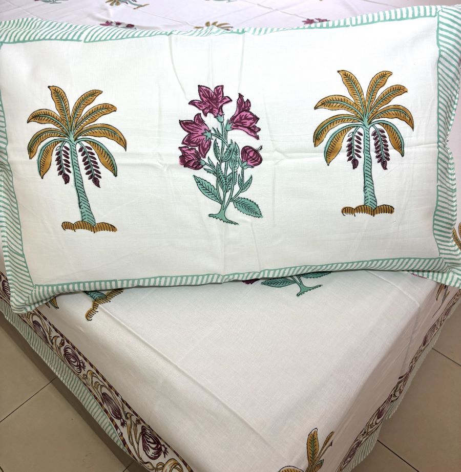 Magenta Pastel Green Palm Tree & Floral Motif Patterns Hand Block Bedsheet with 2 Pillow Cover Set - 400TC