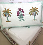 Magenta Pastel Green Palm Tree & Floral Motif Patterns Hand Block Bedsheet with 2 Pillow Cover Set - 400TC