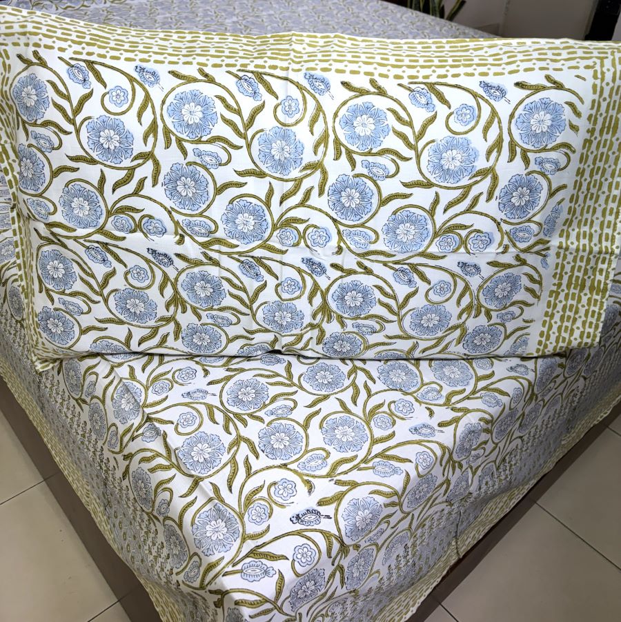 Green Flower Jaal Patterns Hand Block Bedsheet with 2 Pillow Cover Set - 400TC
