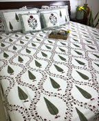 Green & Maroon Tree of Life Patterns Hand Block Bedsheet with 2 Pillow Cover Set - 400TC