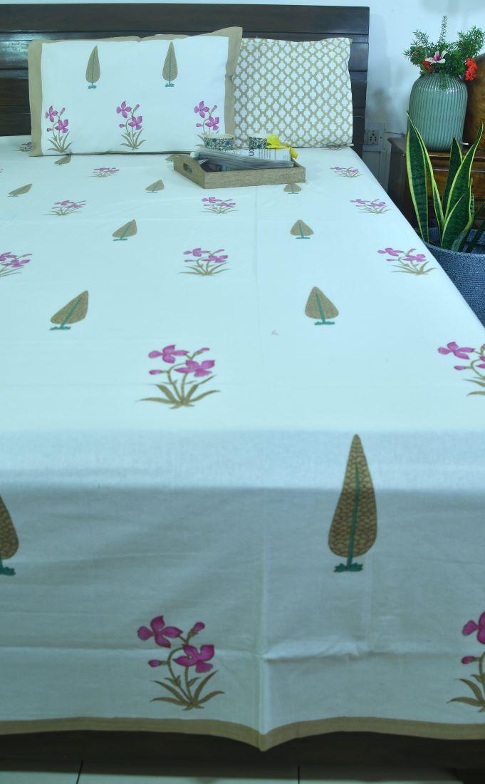 Pink Lilly Gulbahaar Hand Block Bedsheet with 2 Pillow Cover Set - 220TC