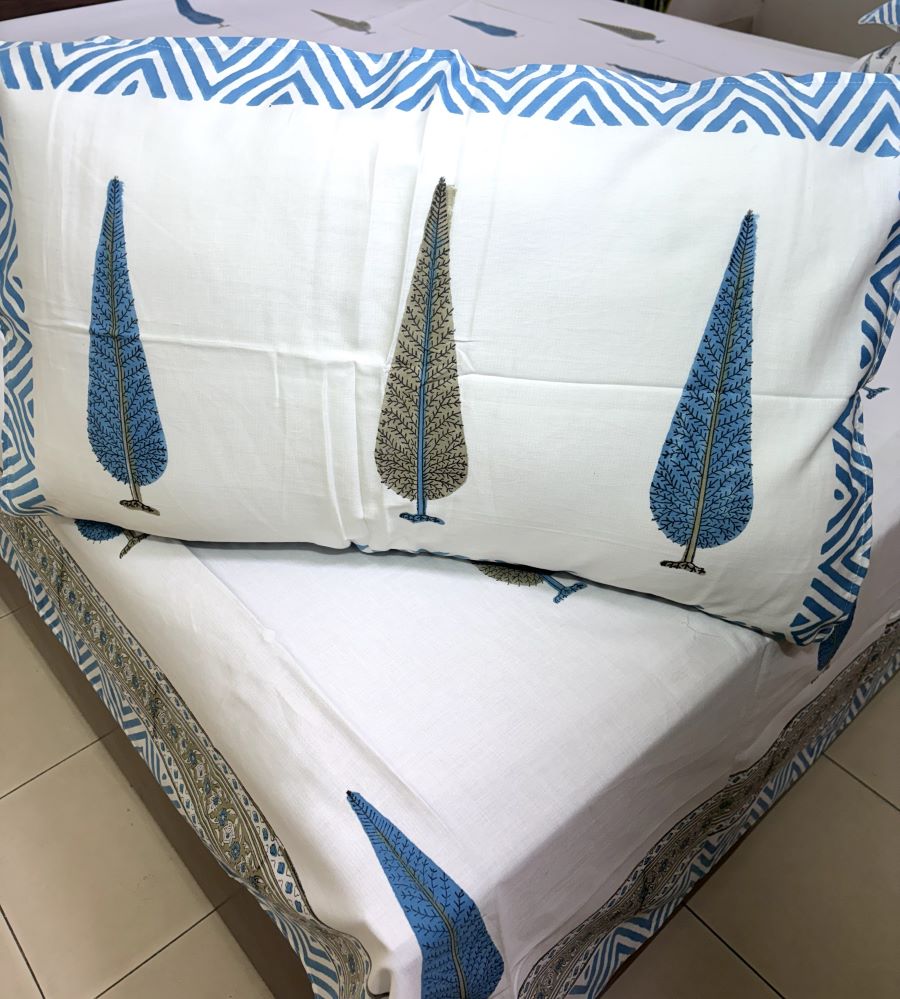 Blue Tree Motif  Hand Block Bedsheet with 2 Pillow Cover Set - 400TC