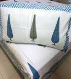 Blue Tree Motif  Hand Block Bedsheet with 2 Pillow Cover Set - 400TC