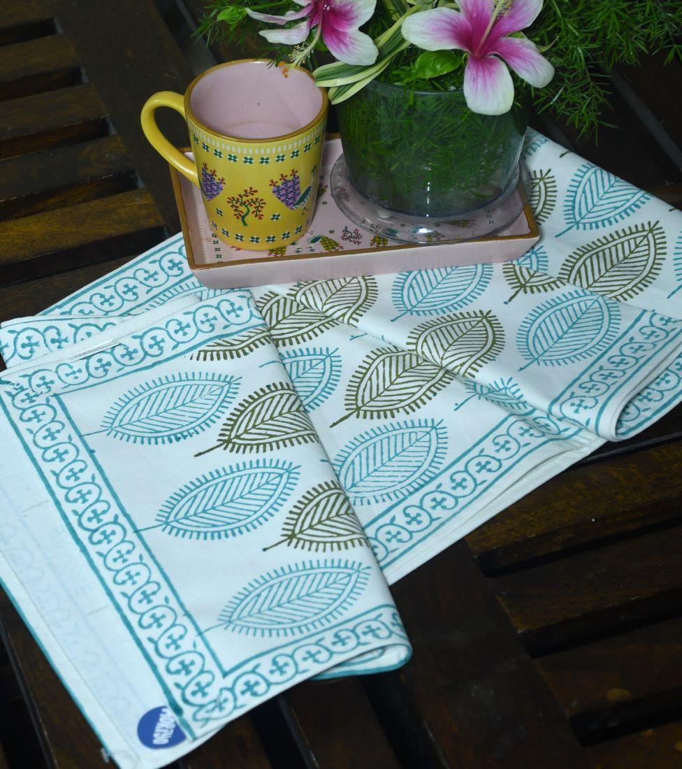 Mehndi Green & Blue Petal Hand Block Cotton Canvas Table Runner
