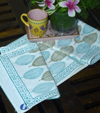 Mehndi Green & Blue Petal Hand Block Cotton Canvas Table Runner