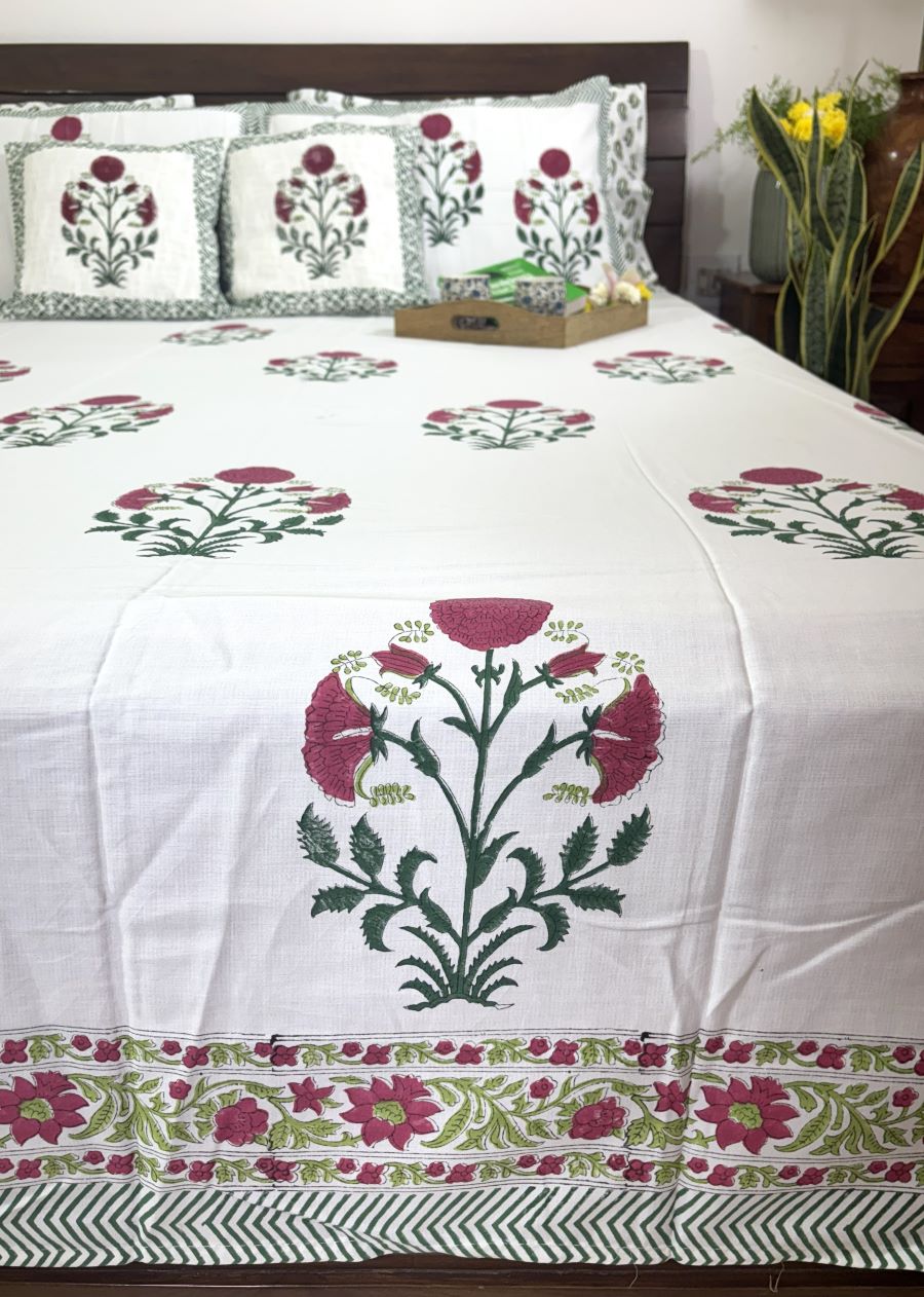 Red & Green Sunflower Patterns Hand Block Bedsheet with 2 Pillow Cover Set - 400TC