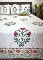 Red & Green Sunflower Patterns Hand Block Bedsheet with 2 Pillow Cover Set - 400TC
