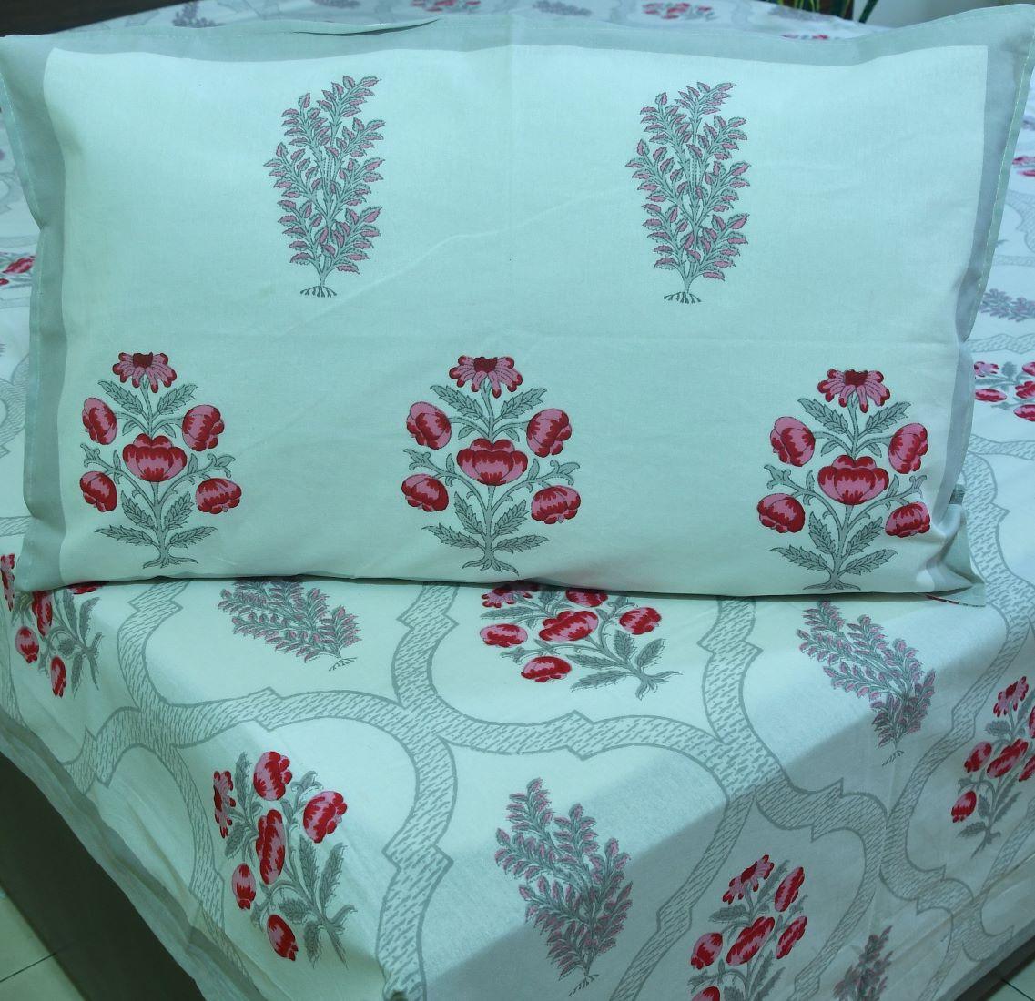 Pink Flower Hand Block Bedsheet with 2 Pillow Cover Set - 220TC