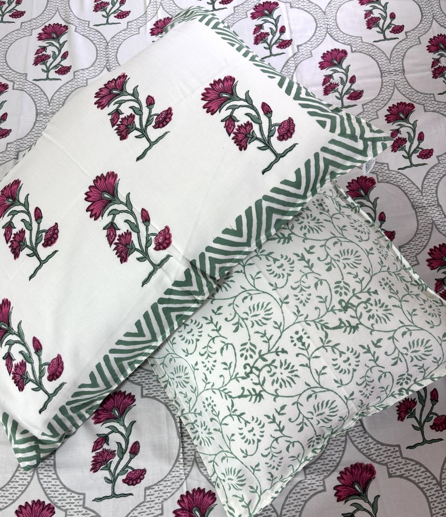 Deep Pink Carnation Flower Patterns Hand Block Bedsheet with 2 Pillow Cover Set - 400TC