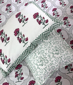 Deep Pink Carnation Flower Patterns Hand Block Bedsheet with 2 Pillow Cover Set - 400TC
