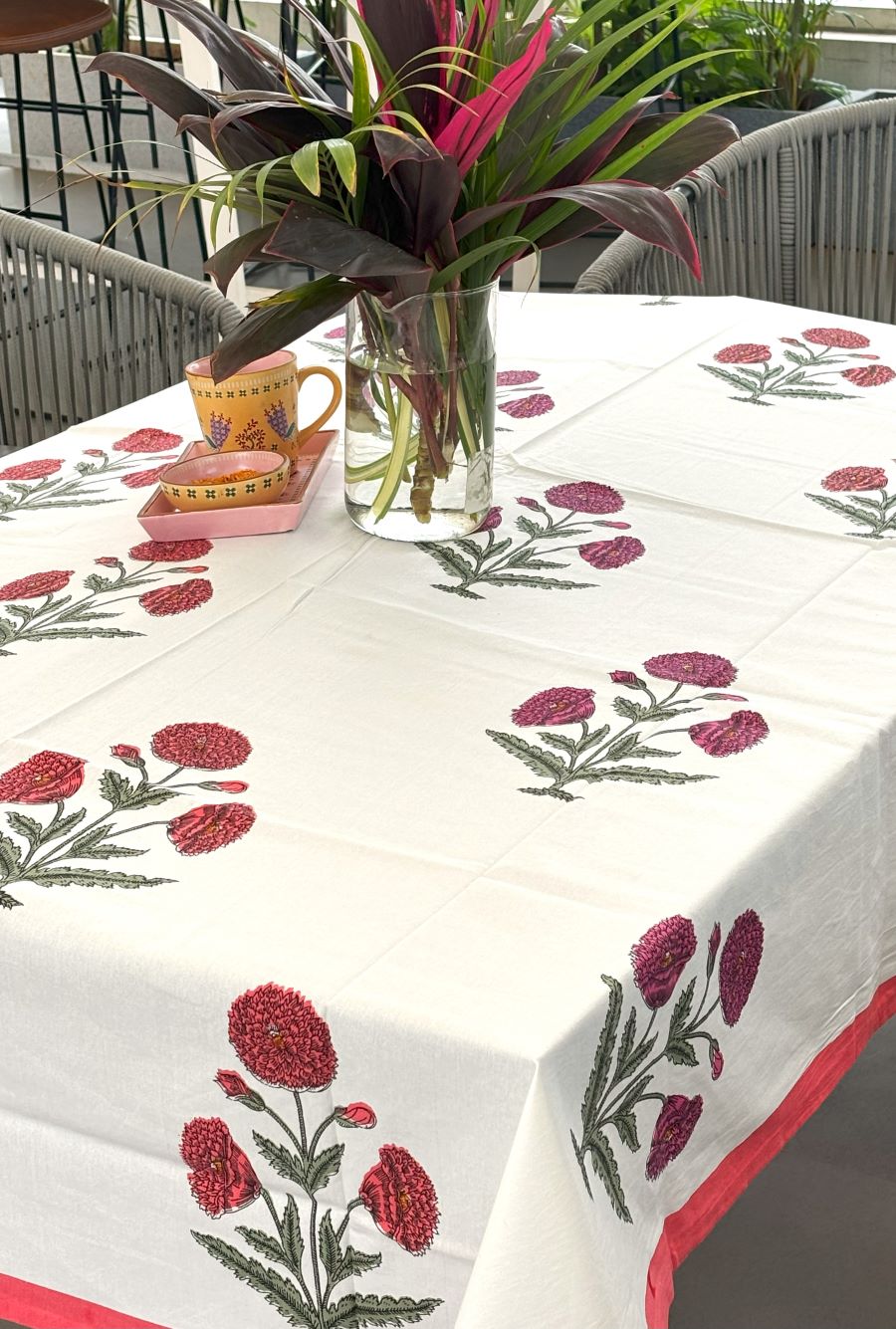 Pink & Magenta Marigold  Hand Block Rectangle Table Cover / Cloth