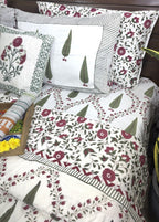 Green & Maroon Tree of Life Patterns Hand Block Quilt/ Razai