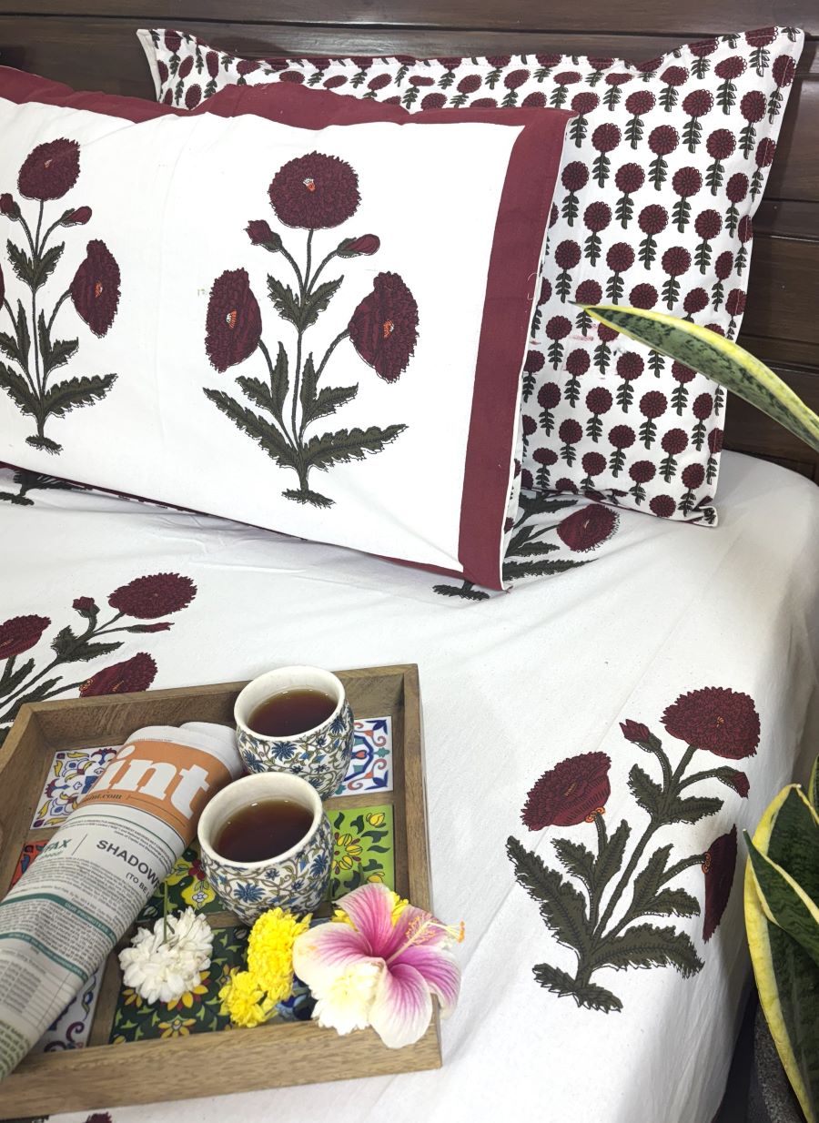 Maroon Marigold Hand Block Bedsheet with 2 Pillow Cover Set - 220TC