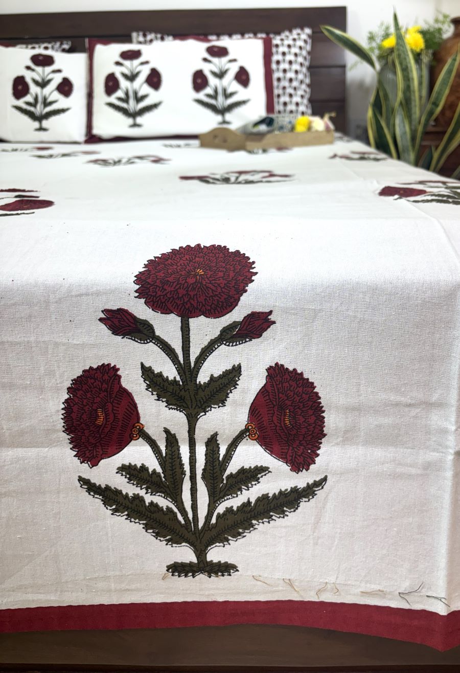 Maroon Marigold Hand Block Bedsheet with 2 Pillow Cover Set - 220TC