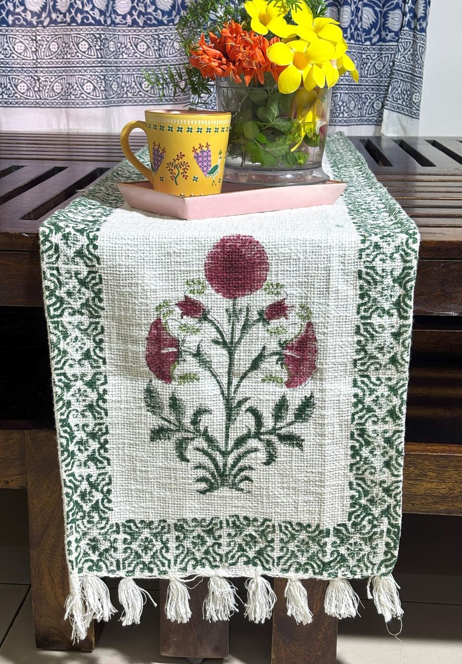 Red Sunflower Hand Block Printed Jute Table Runner