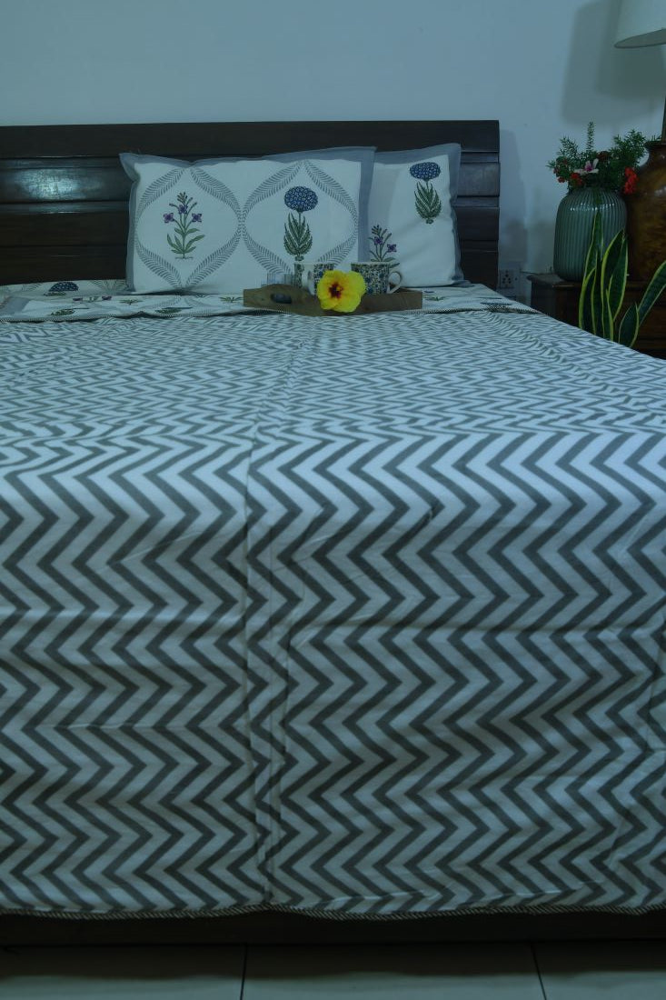 Blue Marigold with Pink Lilly Dohar Bedsheet & Dohar Set – Hand Block Printed