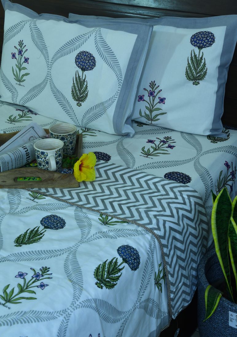 Blue Marigold with Pink Lilly Dohar Bedsheet & Dohar Set – Hand Block Printed