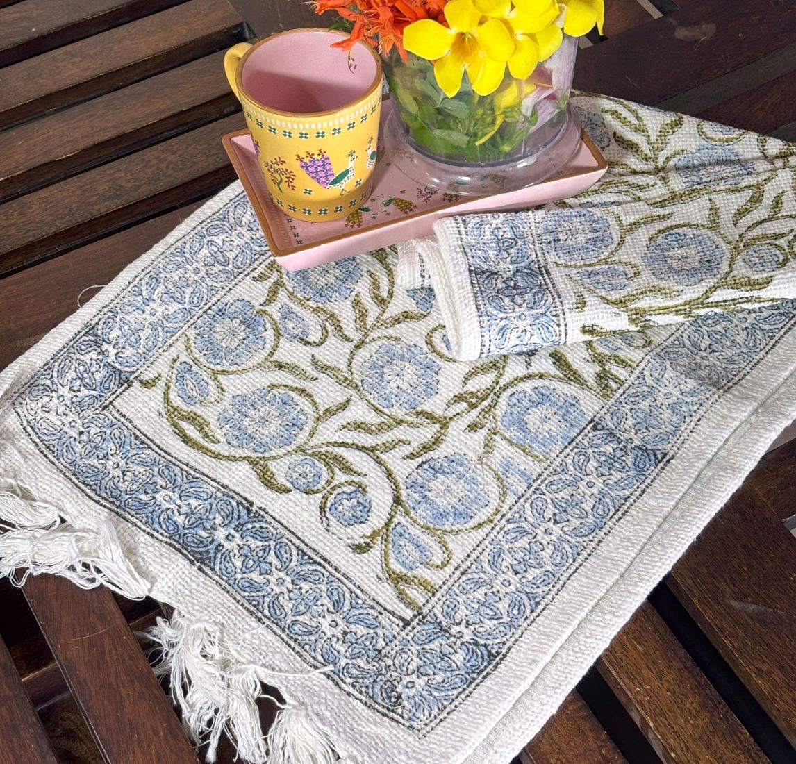 Green Jaal Hand Block Printed Jute Table Runner