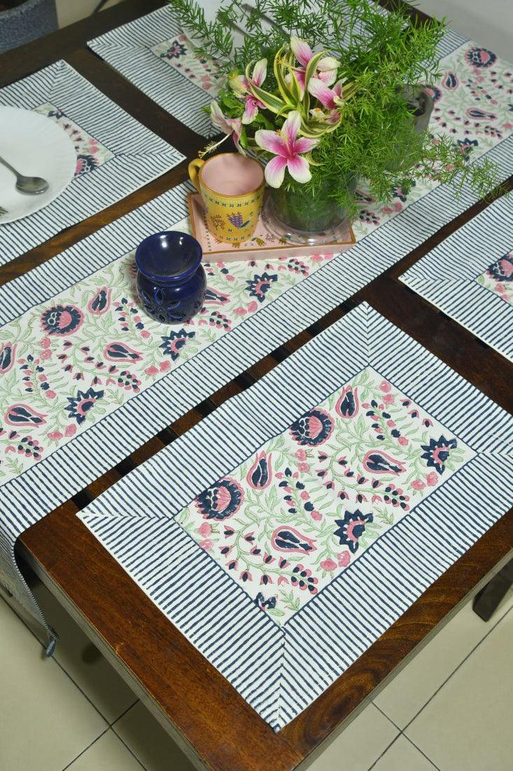 Mughal Mirage in Flouroscents Hand Block Cotton Canvas Table Runner & Mat  Set