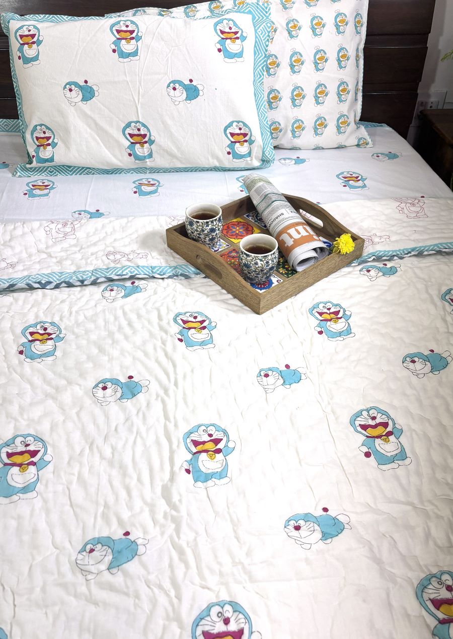 Sky Blue Doremon Design Hand Block Dohar