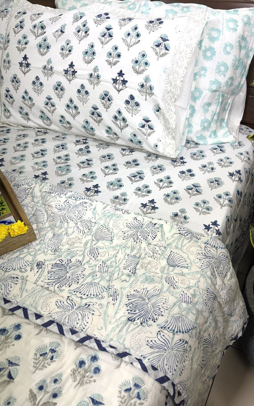 Blue & Grey Small Butta Patterns Bedsheet & Quilt/ Razai Set - Hand Block Printed