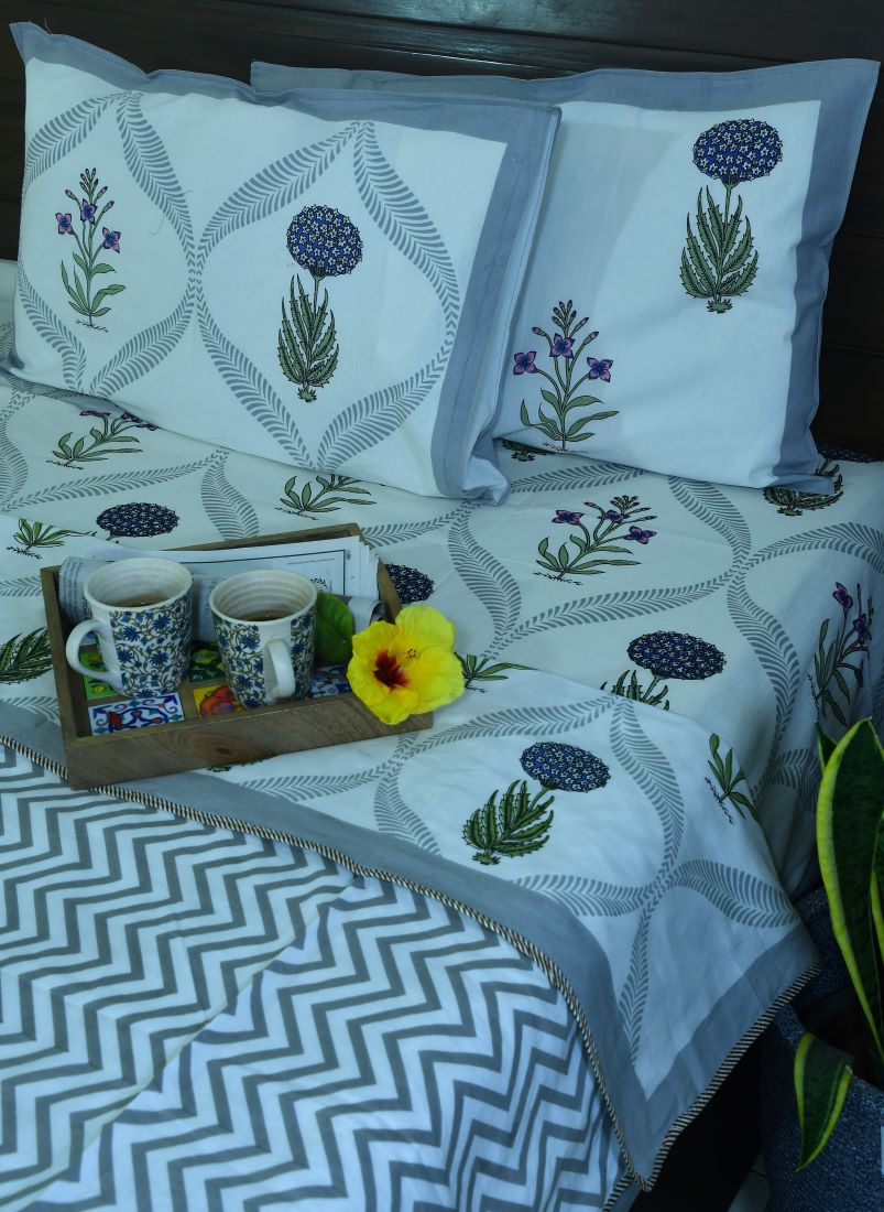 Blue Marigold with Pink Lilly Dohar Bedsheet & Dohar Set – Hand Block Printed