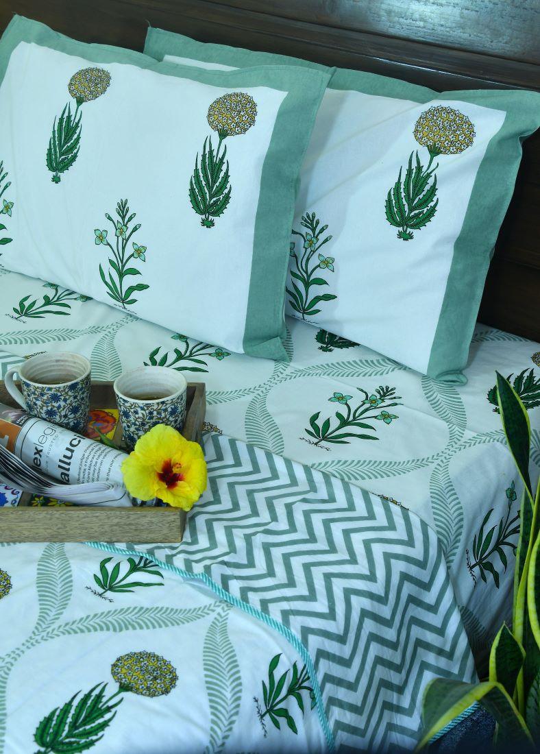 Marigold with Purple Lilly Bedsheet & Dohar Set – Hand Block Printed