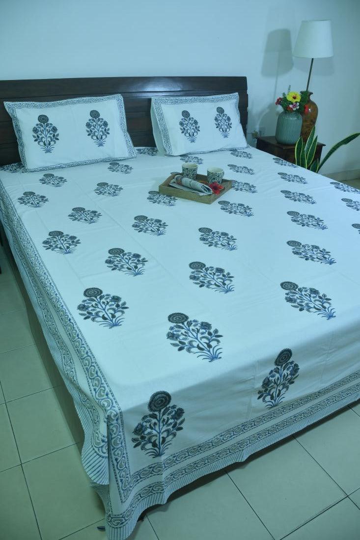 Sunflower Grey & Light Blue Hand Block Bedsheet with 2 Pillow Cover Set - 280TC
