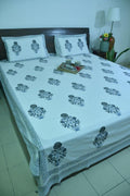 Sunflower Grey & Light Blue Hand Block Bedsheet with 2 Pillow Cover Set - 280TC
