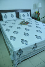 Sunflower Grey & Light Blue Hand Block Bedsheet with 2 Pillow Cover Set - 280TC