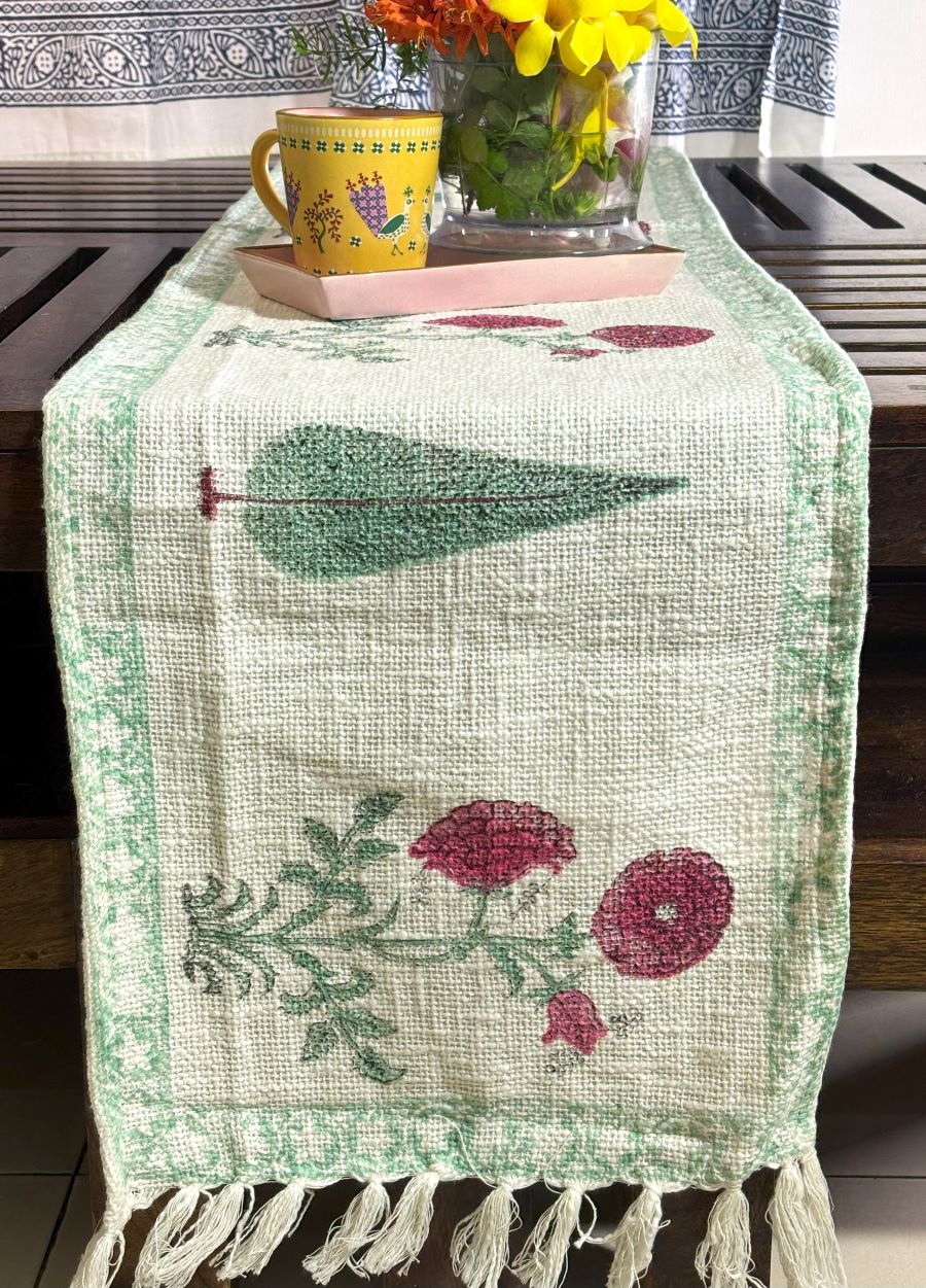 Red & Green Gulbahaar Hand Block Printed Jute Table Runner