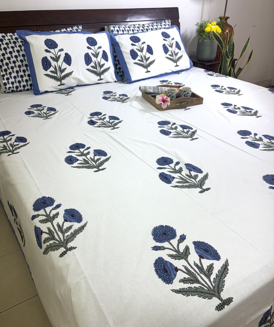 Blue Marigold Hand Block Bedsheet with 2 Pillow Cover Set - 220TC