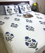 Blue Marigold Hand Block Bedsheet with 2 Pillow Cover Set - 220TC