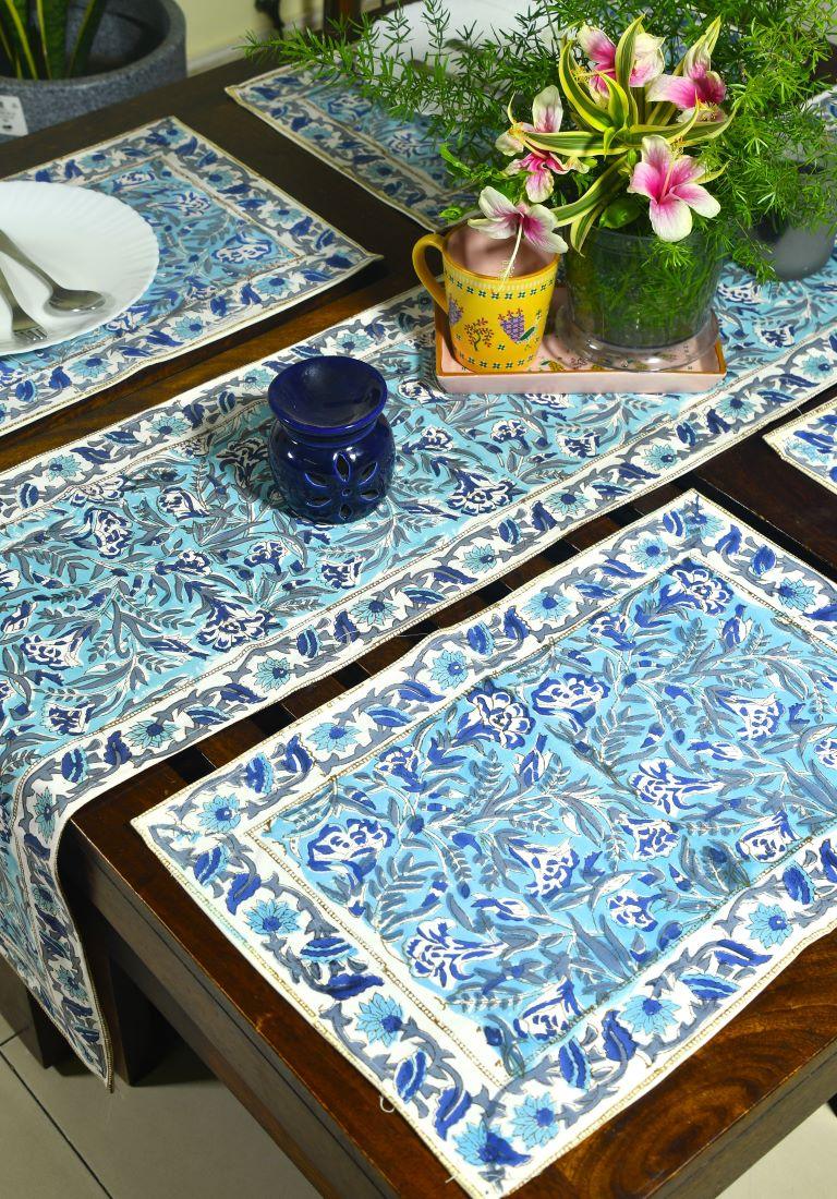 Mughal Mirage in Blues Hand Block Cotton Canvas Table Runner & Mat Set