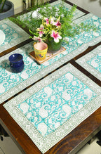 Green Paisley ka Gulistaan Hand Block Cotton Canvas Table Runner & Mat Set